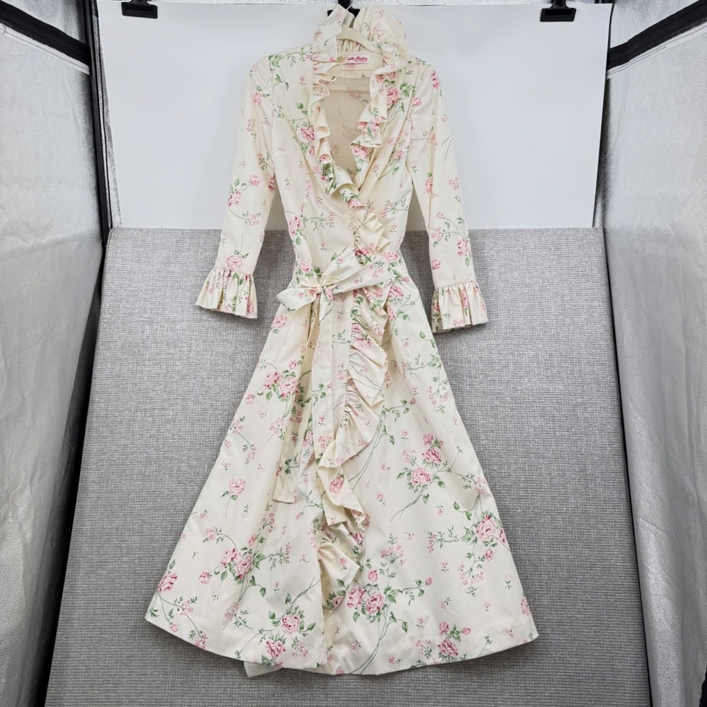 Vtg Elizabeth Arden The Salon Ruffle Floral Rose Negligee Wrap Robe Dress M Glam